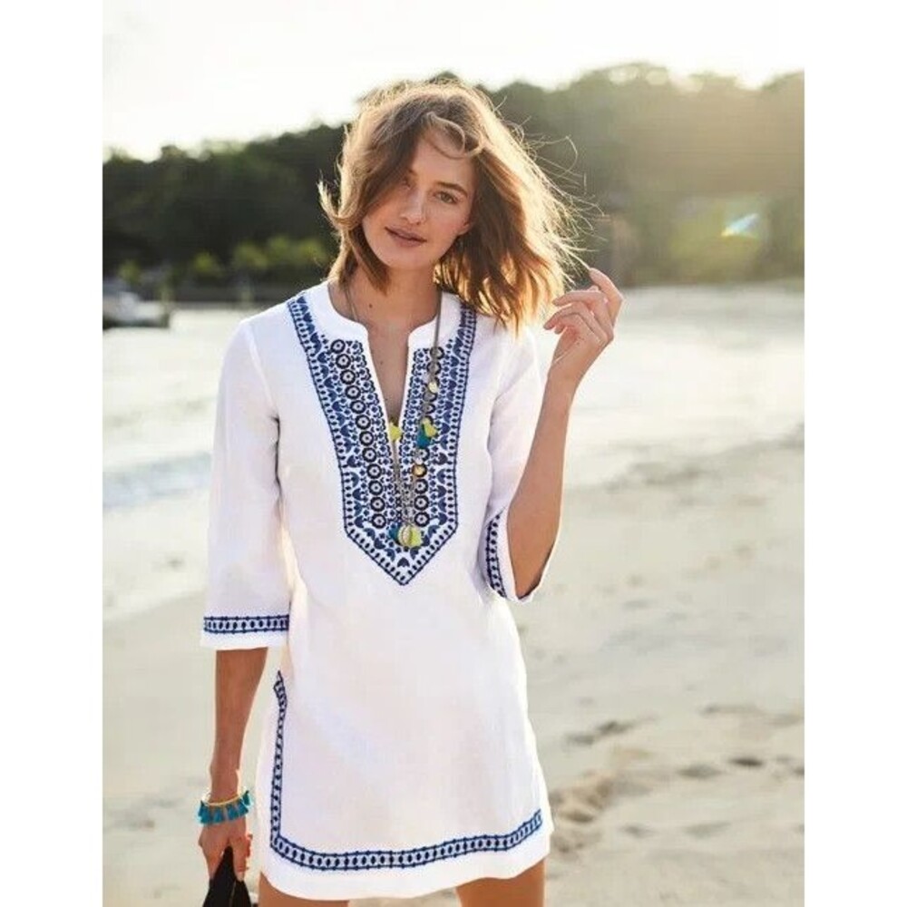 100% Linen Boden White Blue Embroidered Boho Peasant Kaftan Top sz 10